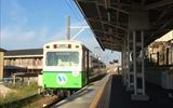 西日野駅にて、西日に照らされるナローグリーンがさわやかでした。